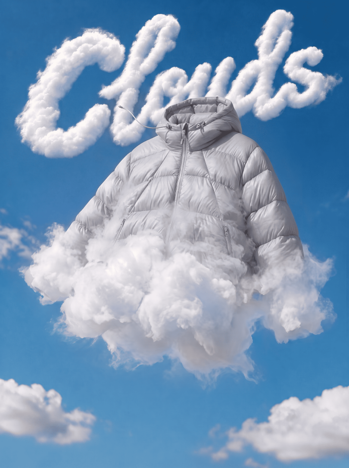 Gray JAJU Light Downfill hooded jacket presented against a cloud-filled sky